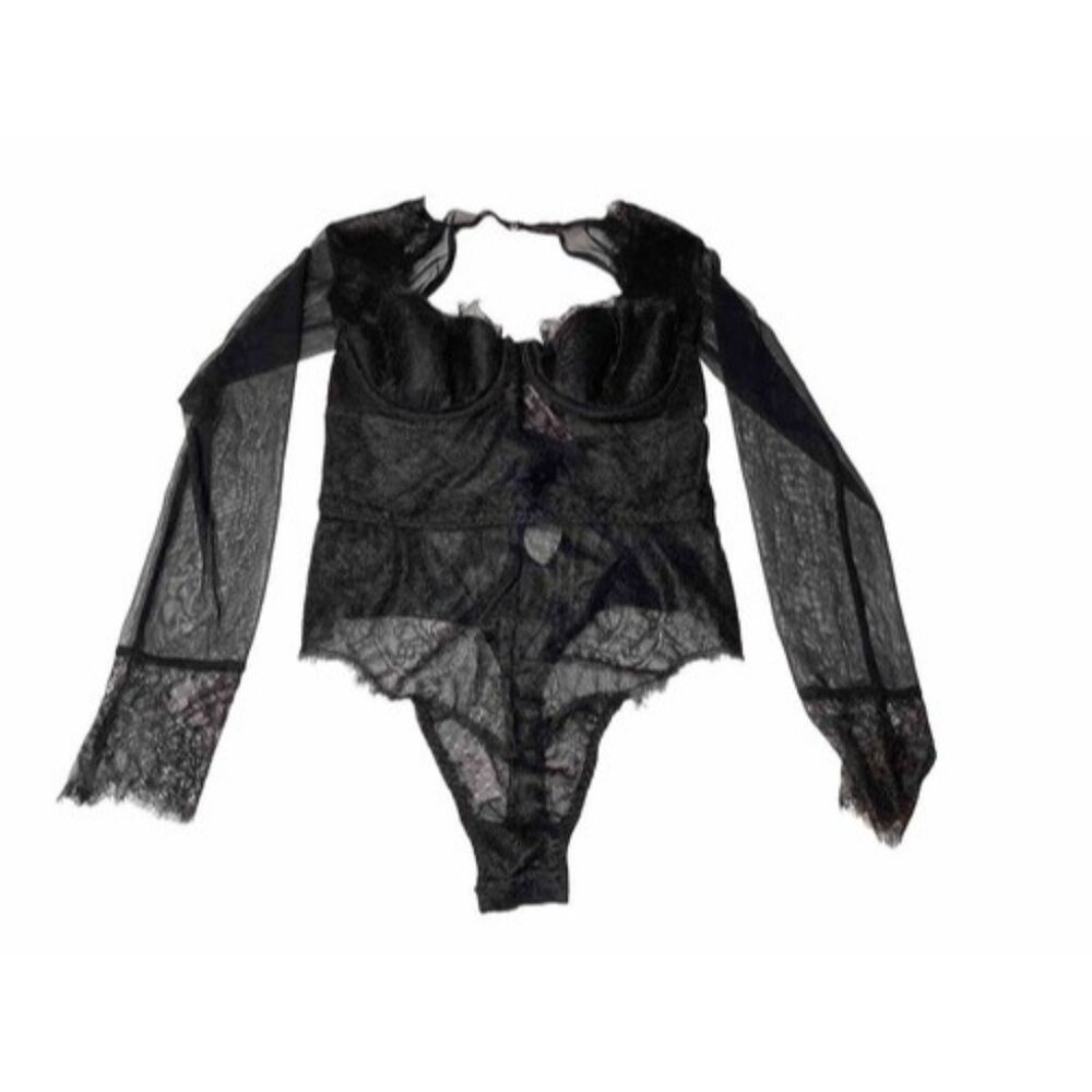 Victoria Secret Black Lingerie One Piece Long Sleeve Body Suit Lace 34b / 170 - Picture 2 of 9